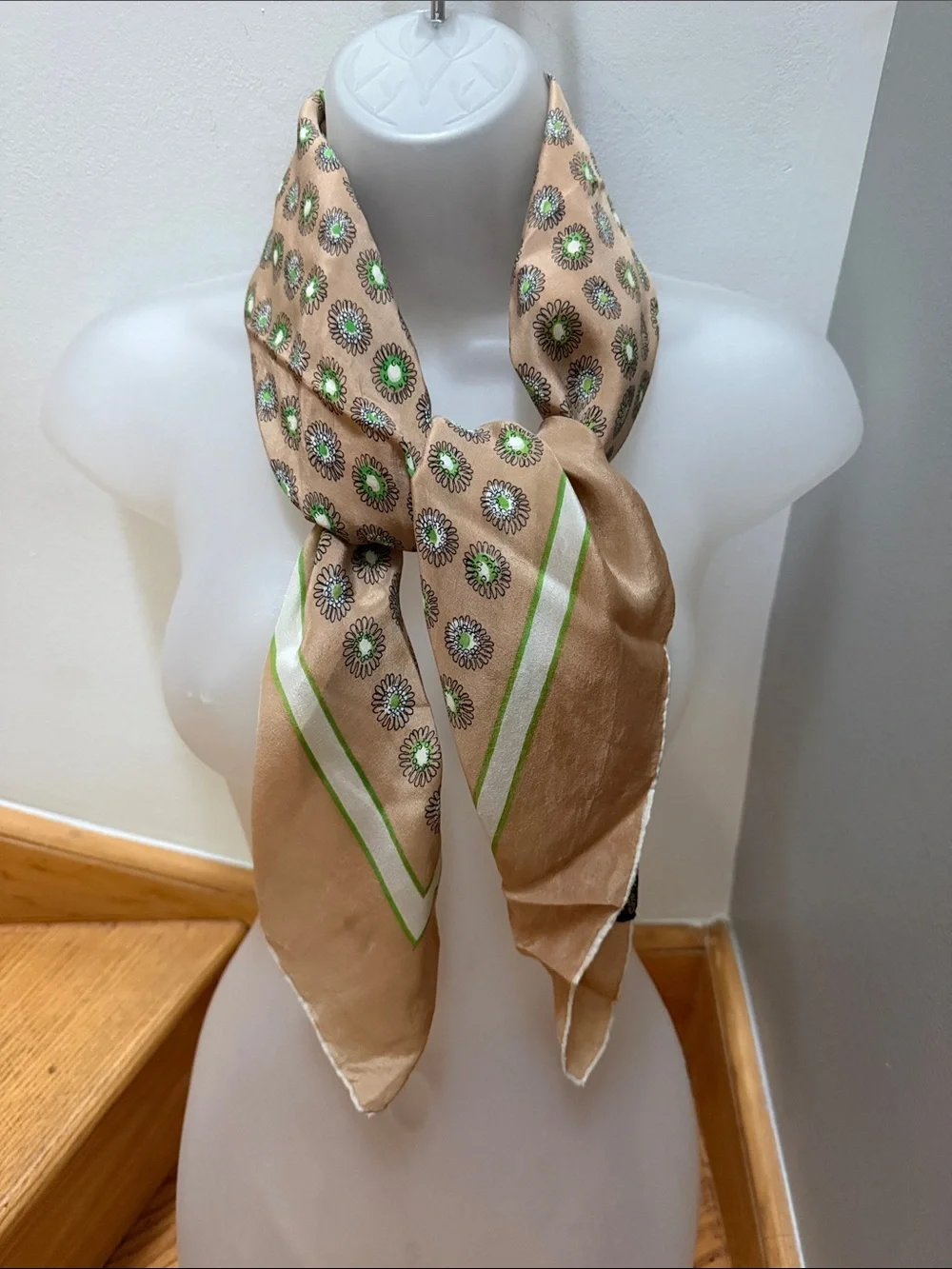 VTG Delicate Glentex 100% Silk Scarf Hand Rolled Japan Daisy Geo Tan Green 50’s